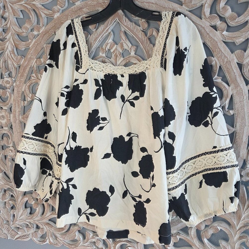 Maurices black cream floral square neck crochet trim peasant top 100% cotton XL - Picture 5 of 7
